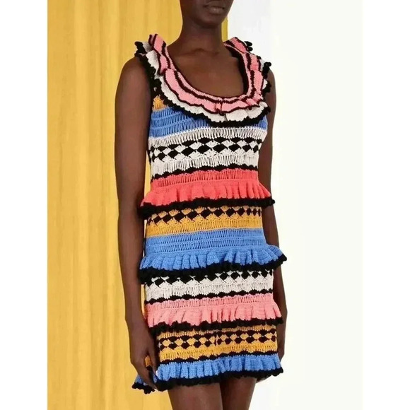 $950 Zimmermann Handmade Real Croch Tiggy Frill Tiered Pompom Dress Resort Sz 12 - Picture 2 of 16